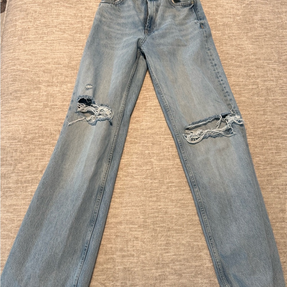 Zara Light Blue Distressed Flare Jeans